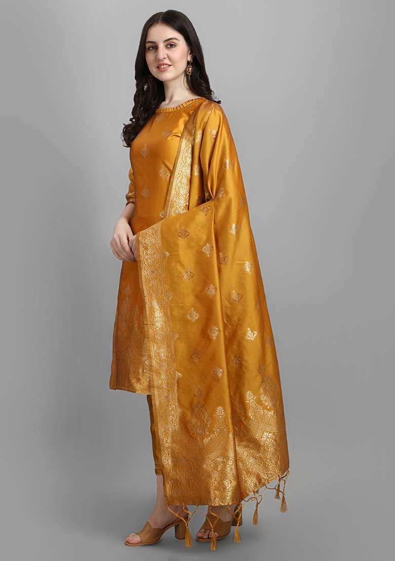 Yellow Jacquard Silk Blend Straight Kurta Set - Indya
