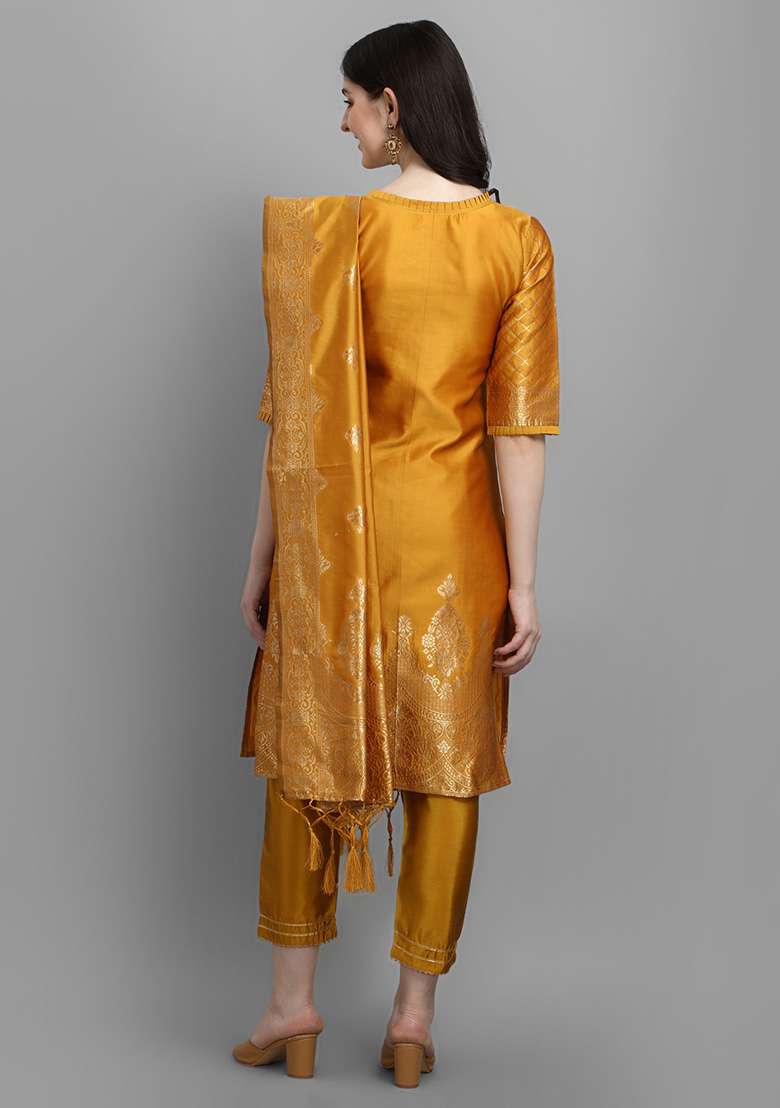 Yellow Jacquard Silk Blend Straight Kurta Set - Indya