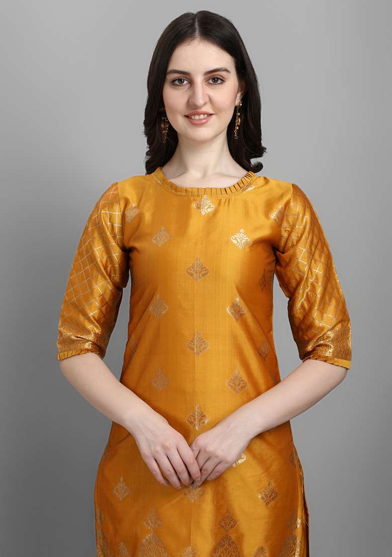 Yellow Jacquard Silk Blend Straight Kurta Set - Indya