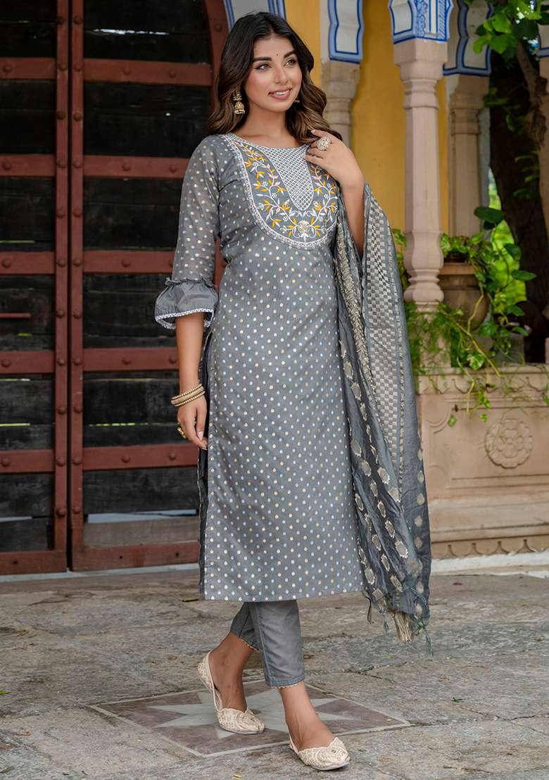 Grey Printed Silk Blend Straight Kurta Set - Indya