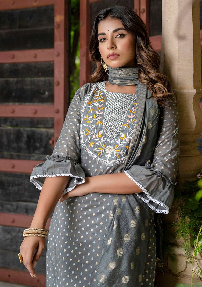 Grey Printed Silk Blend Straight Kurta Set - Indya