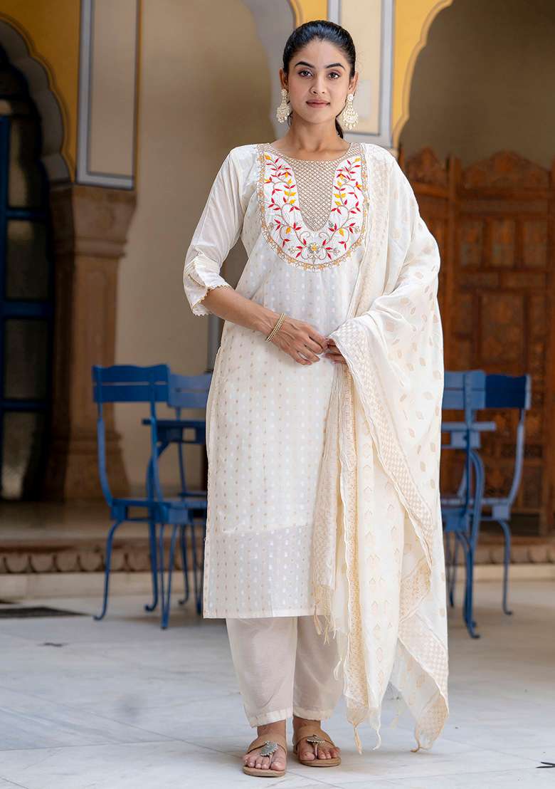 Off White Chikankari Silk Blend Straight Kurta Set - Indya