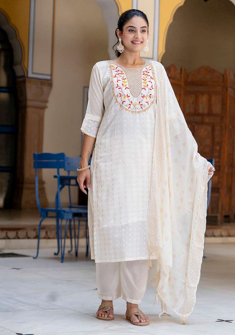 Off White Chikankari Silk Blend Straight Kurta Set - Indya