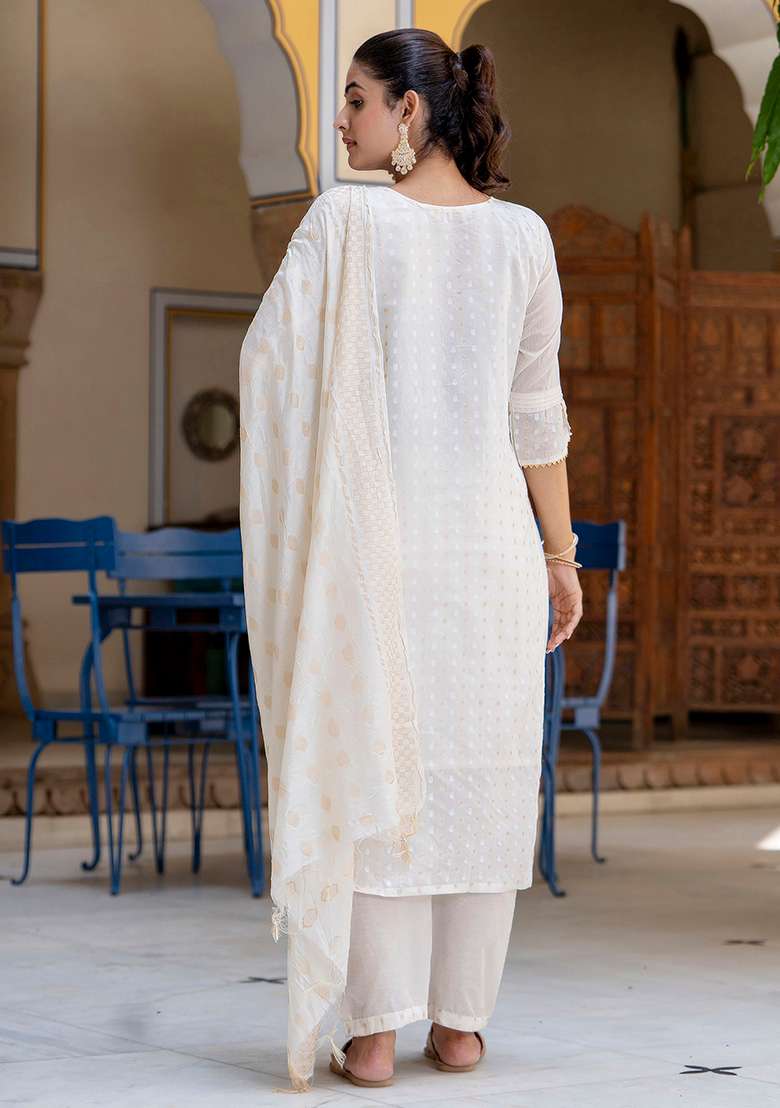 Off White Chikankari Silk Blend Straight Kurta Set - Indya