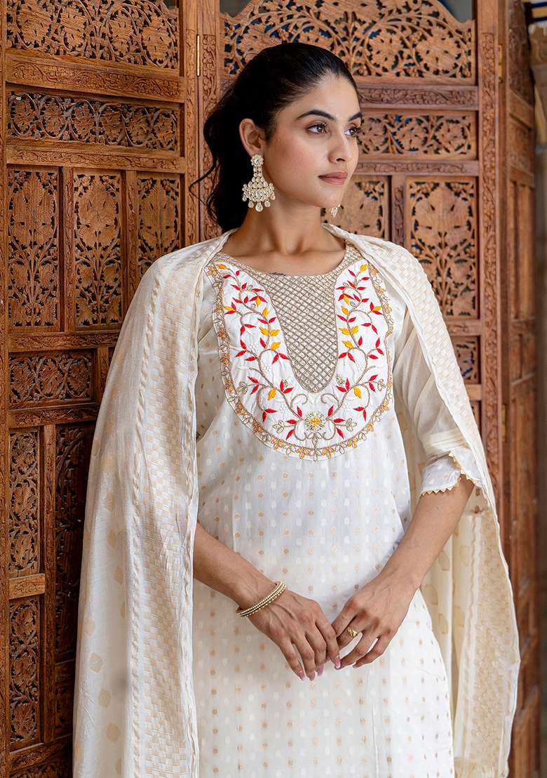 Off White Chikankari Silk Blend Straight Kurta Set - Indya