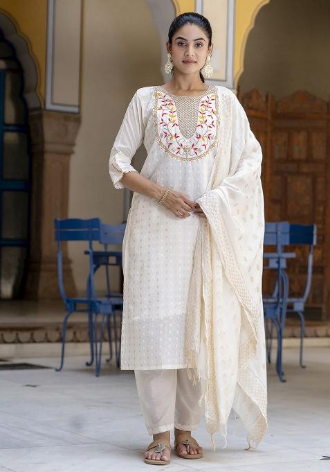 Off White Motif Silk Kurta Set