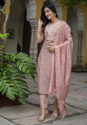 Peach Embroidered Silk Straight Kurta Set