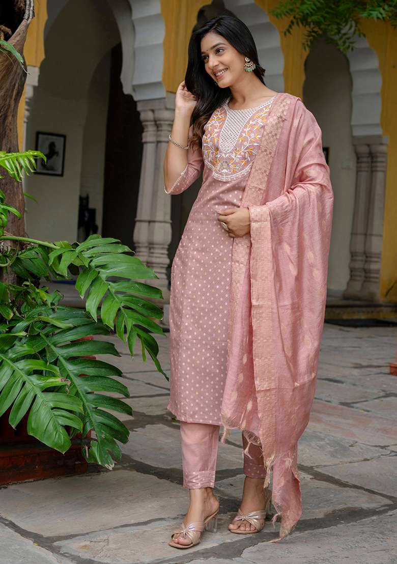 Peach Embroidered Silk Blend Straight Kurta Set - Indya