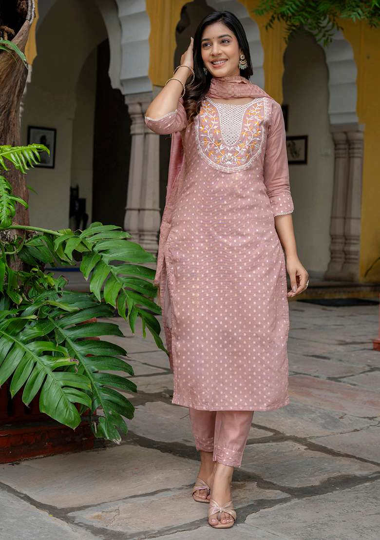 Peach Embroidered Silk Blend Straight Kurta Set - Indya