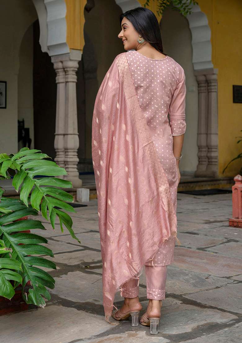 Peach Embroidered Silk Blend Straight Kurta Set - Indya