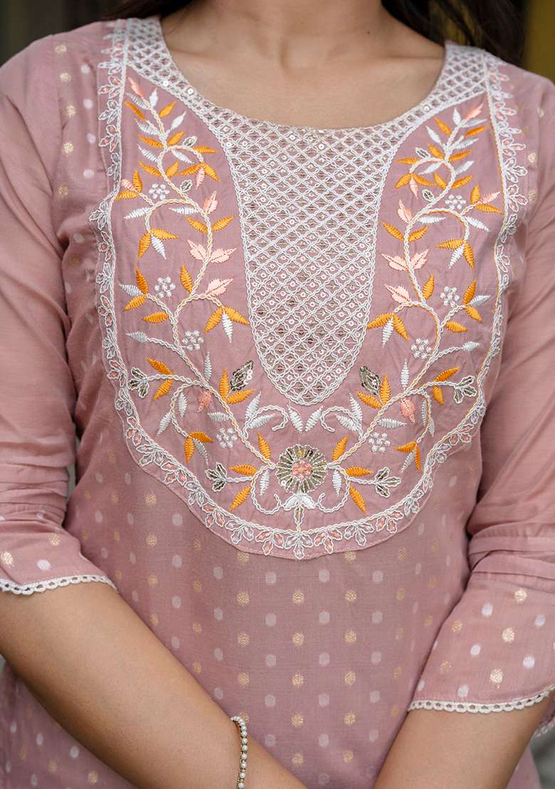 Peach Embroidered Silk Blend Straight Kurta Set - Indya