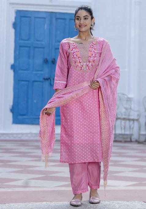 Pink Motif Silk Kurta Set