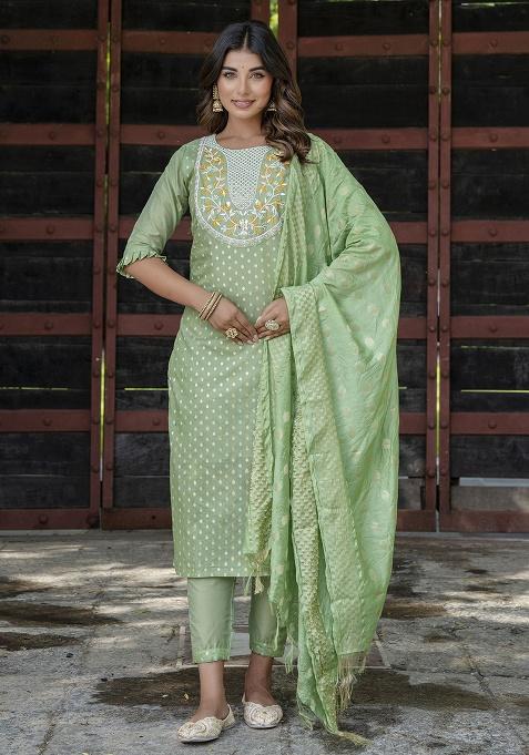 Pista Motif Silk Kurta Set