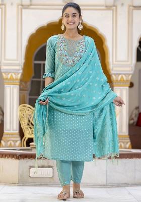 Blue Embroidered Silk Straight Kurta Set