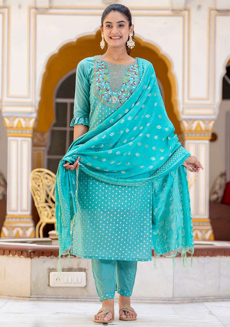 Blue Embroidered Silk Blend Straight Kurta Set - Indya