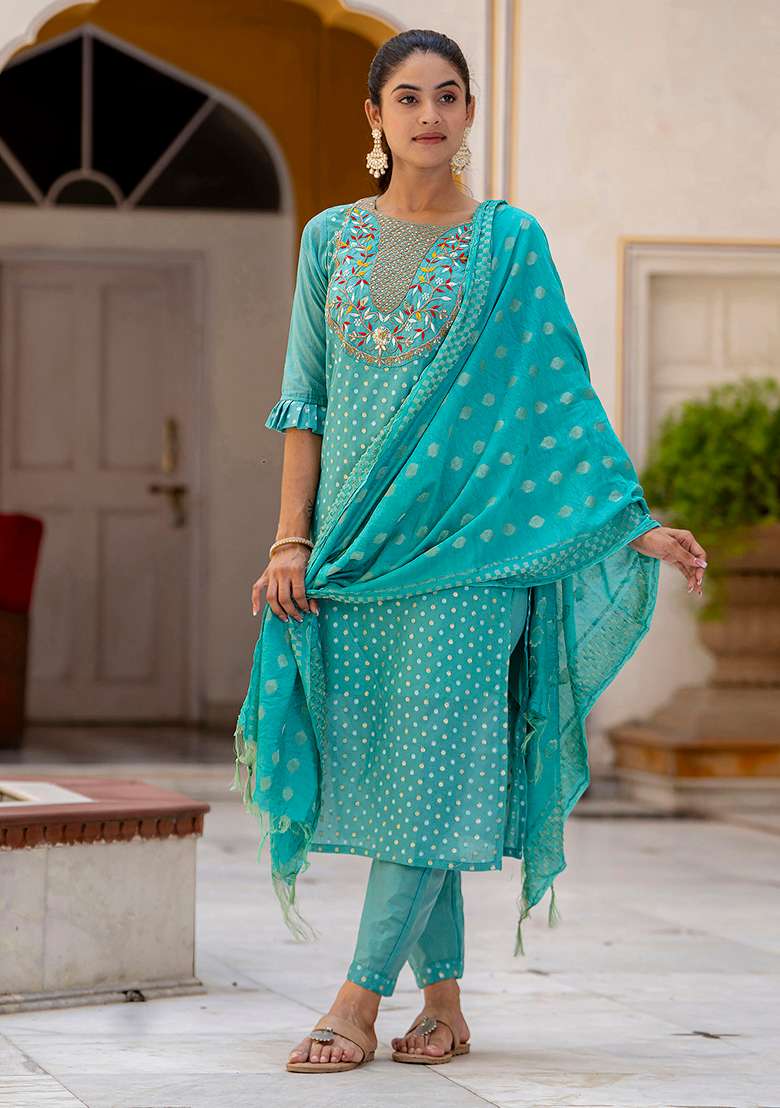 Blue Embroidered Silk Blend Straight Kurta Set - Indya