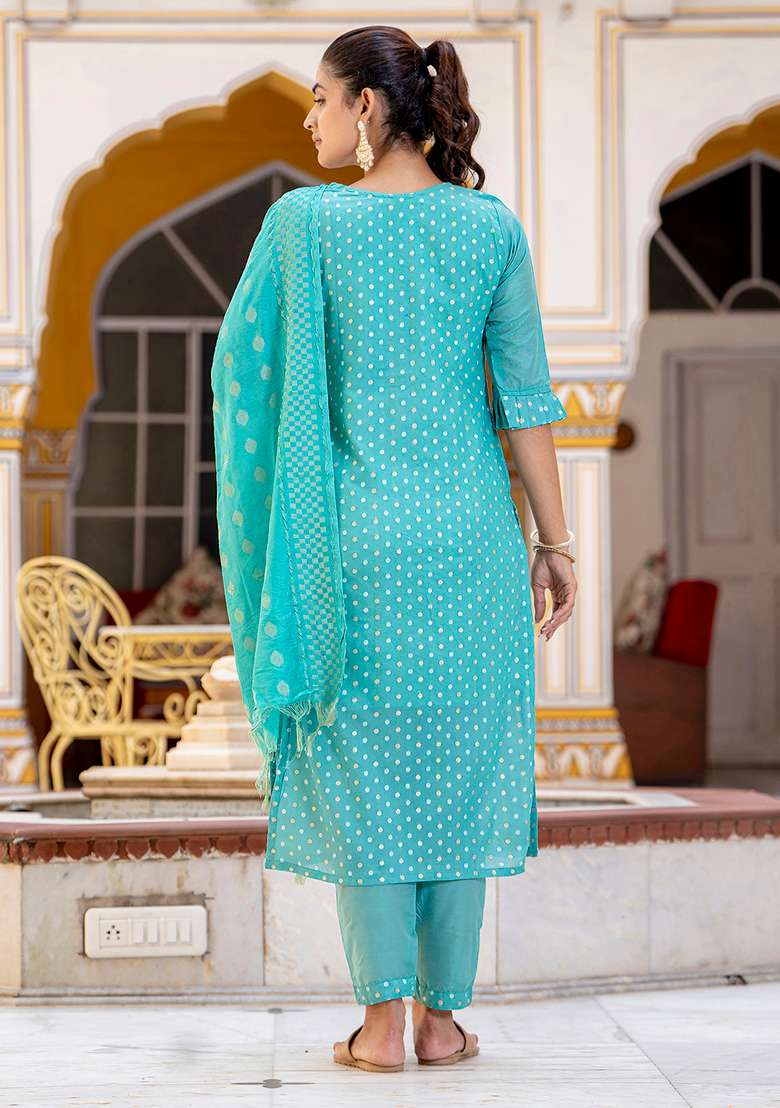 Blue Embroidered Silk Blend Straight Kurta Set - Indya