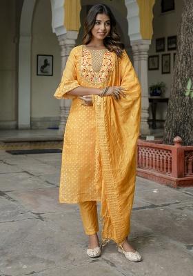 Yellow Embroidered Silk Blend Straight Kurta Set