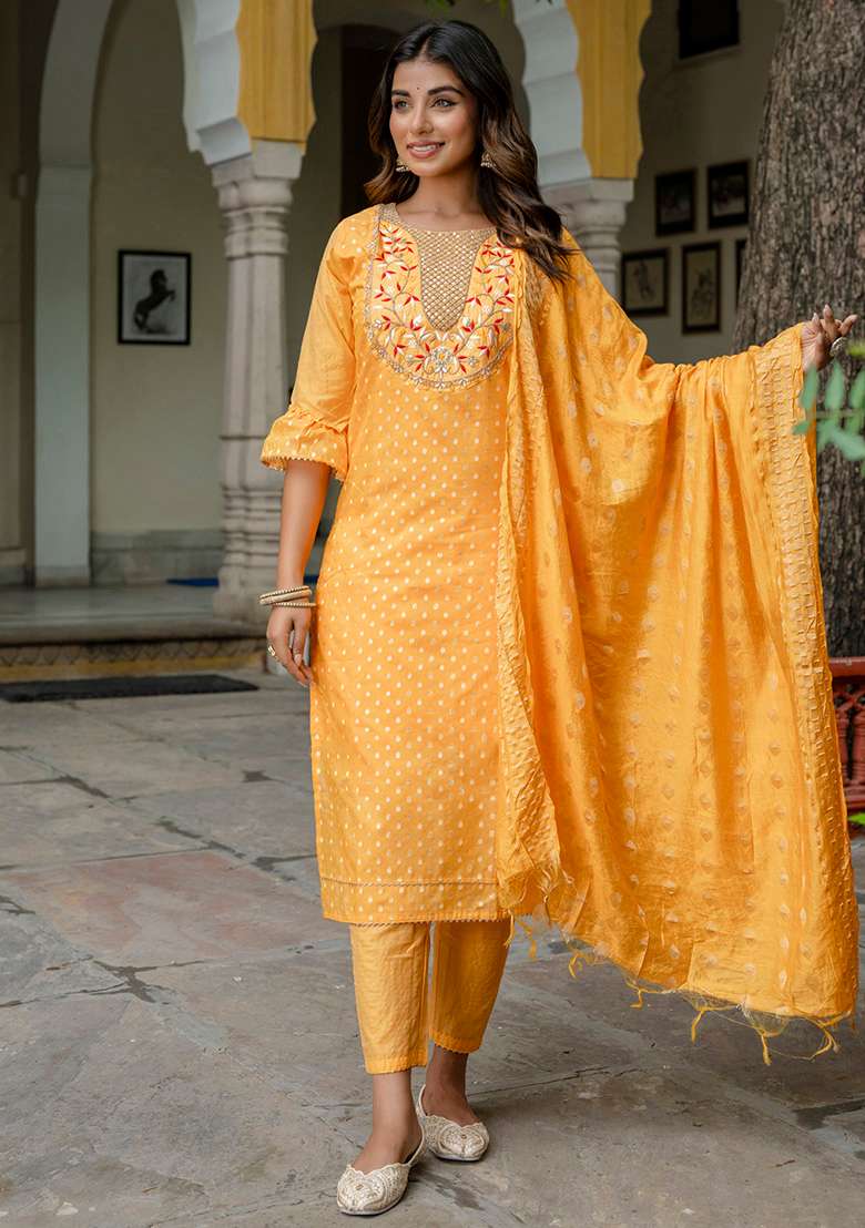 Yellow Embroidered Silk Blend Straight Kurta Set - Indya