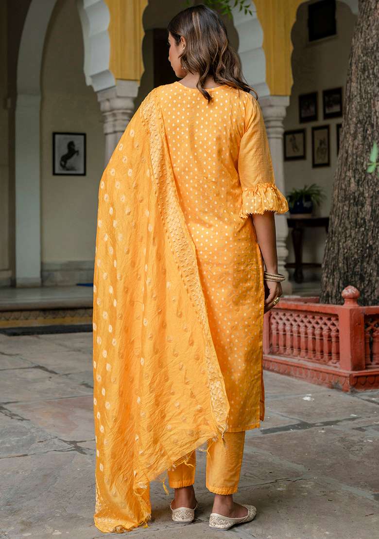 Yellow Embroidered Silk Blend Straight Kurta Set - Indya