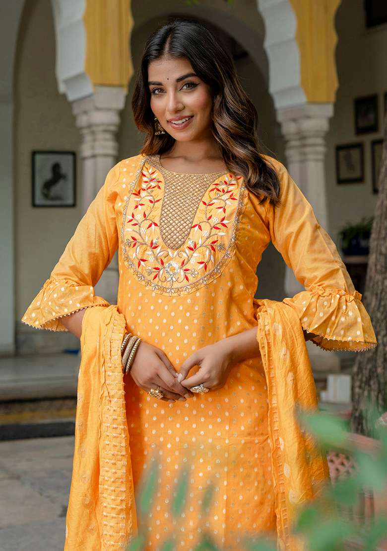 Yellow Embroidered Silk Blend Straight Kurta Set - Indya