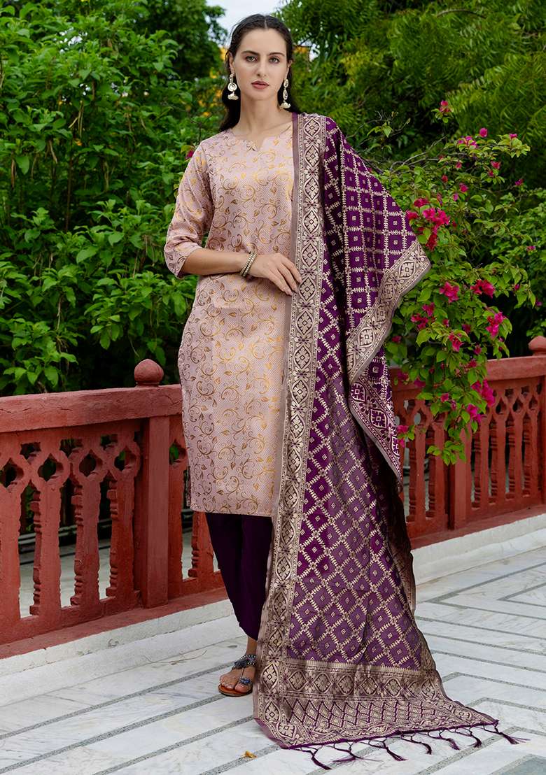 Light Pink Printed Silk Blend Straight Kurta Set - Indya