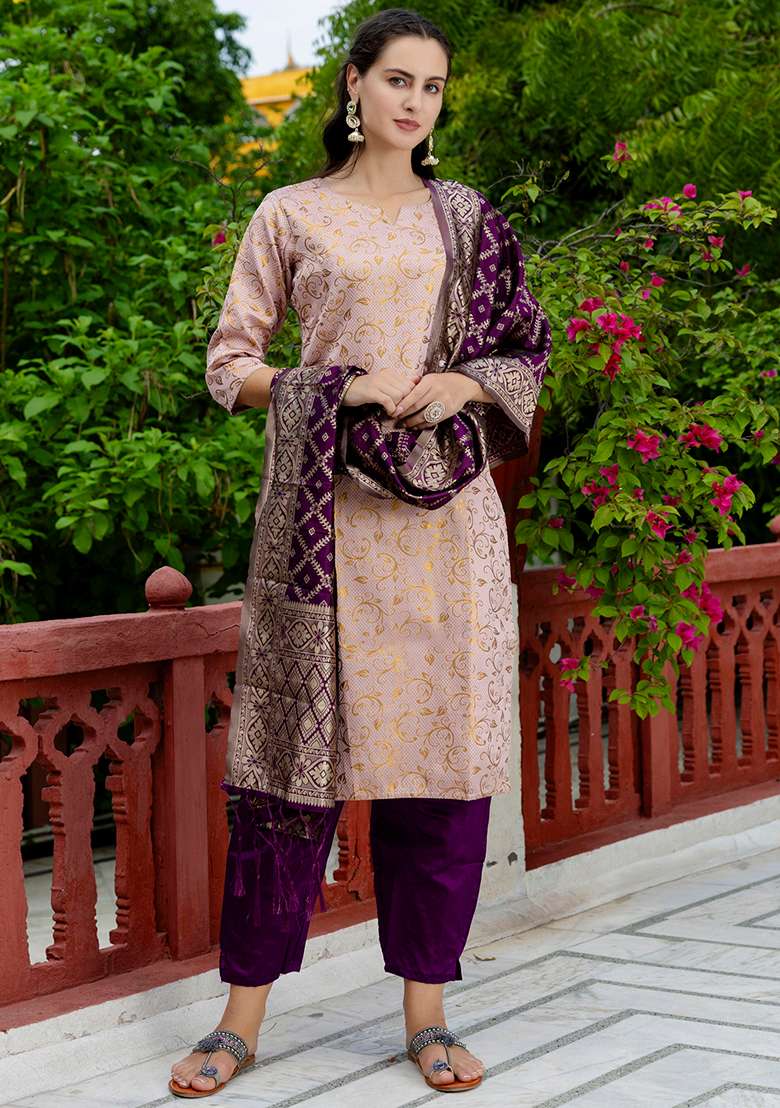 Light Pink Printed Silk Blend Straight Kurta Set - Indya