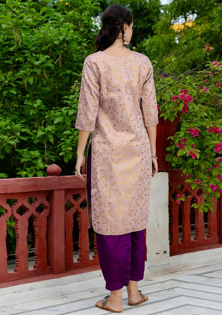Light Pink Printed Silk Blend Straight Kurta Set - Indya