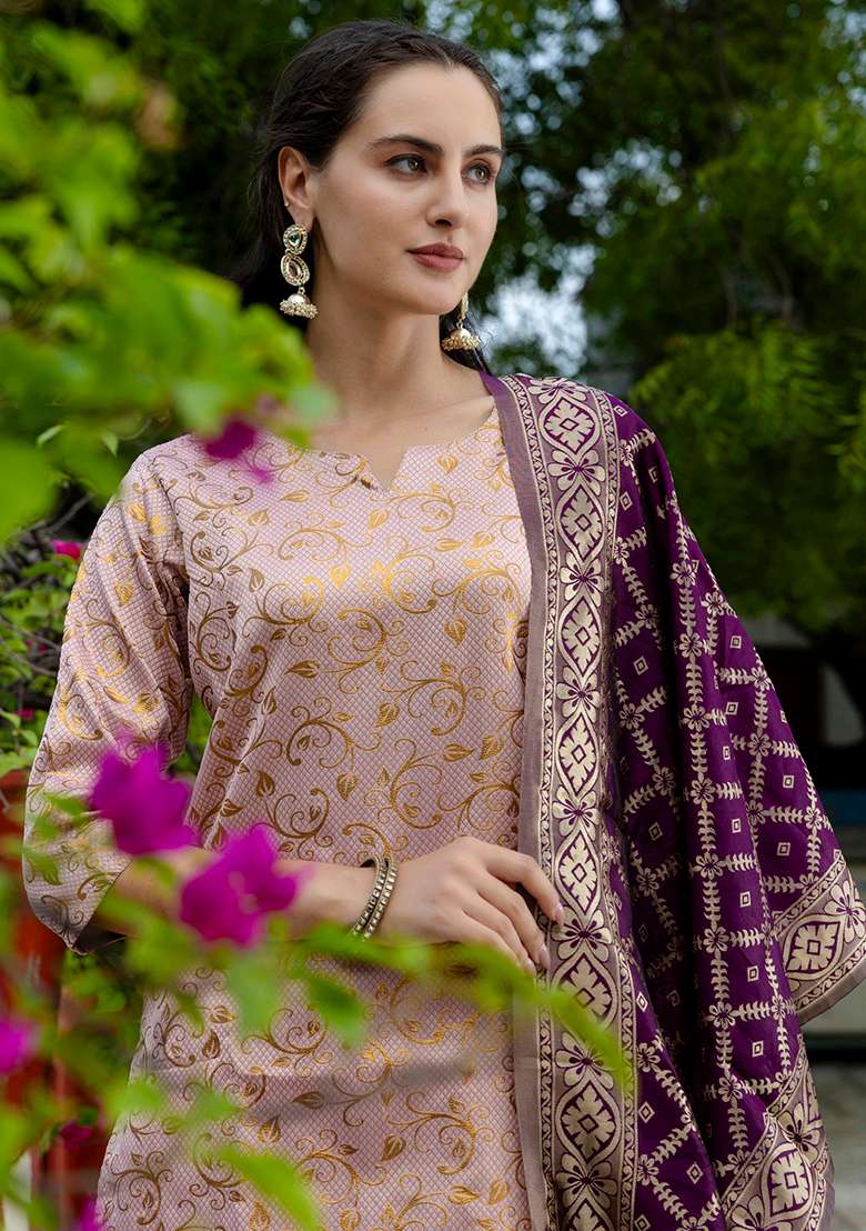 Light Pink Printed Silk Blend Straight Kurta Set - Indya