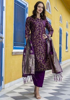 Dark Purple Zari Work Silk Straight Kurta Set