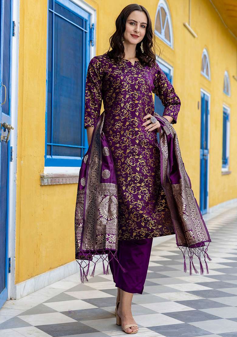 Dark Purple Zari Work Silk Blend Straight Kurta Set - Indya