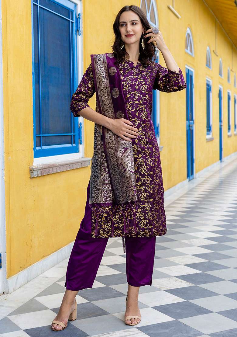 Dark Purple Zari Work Silk Blend Straight Kurta Set - Indya