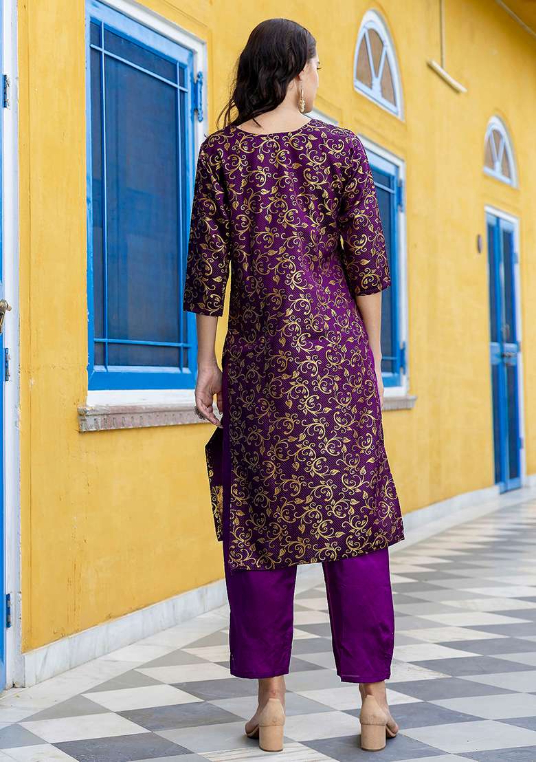 Dark Purple Zari Work Silk Blend Straight Kurta Set - Indya