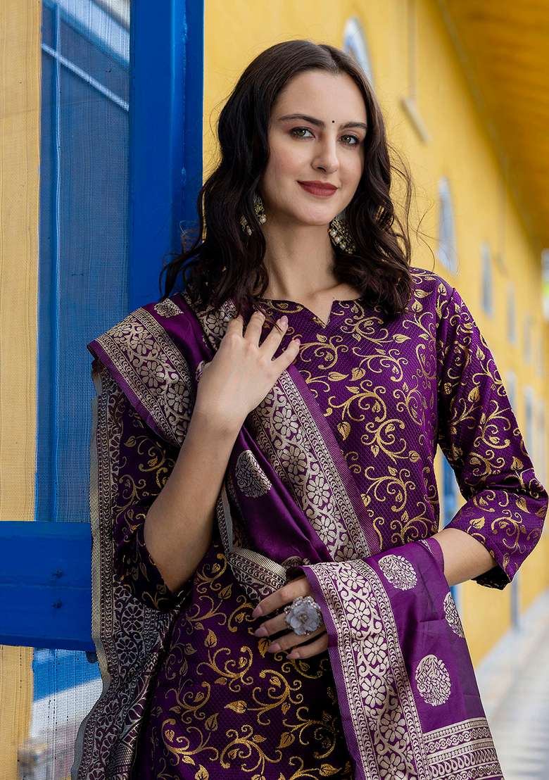 Dark Purple Zari Work Silk Blend Straight Kurta Set - Indya