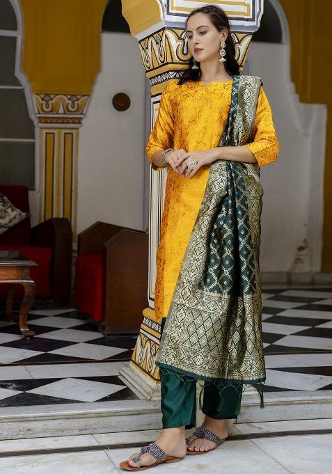 Green Motif Silk Kurta Set
