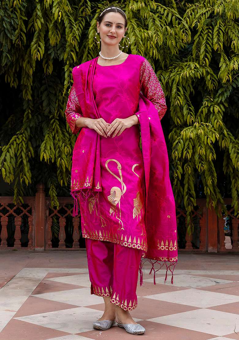 Rani Pink Embroidered Silk Blend Straight Kurta Set - Indya