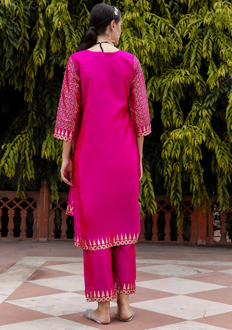 Rani Pink Embroidered Silk Blend Straight Kurta Set - Indya