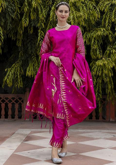 Rani Pink Motif Silk Kurta Set