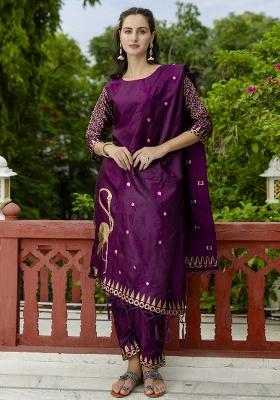 Purple Embroidered Silk Straight Kurta Set