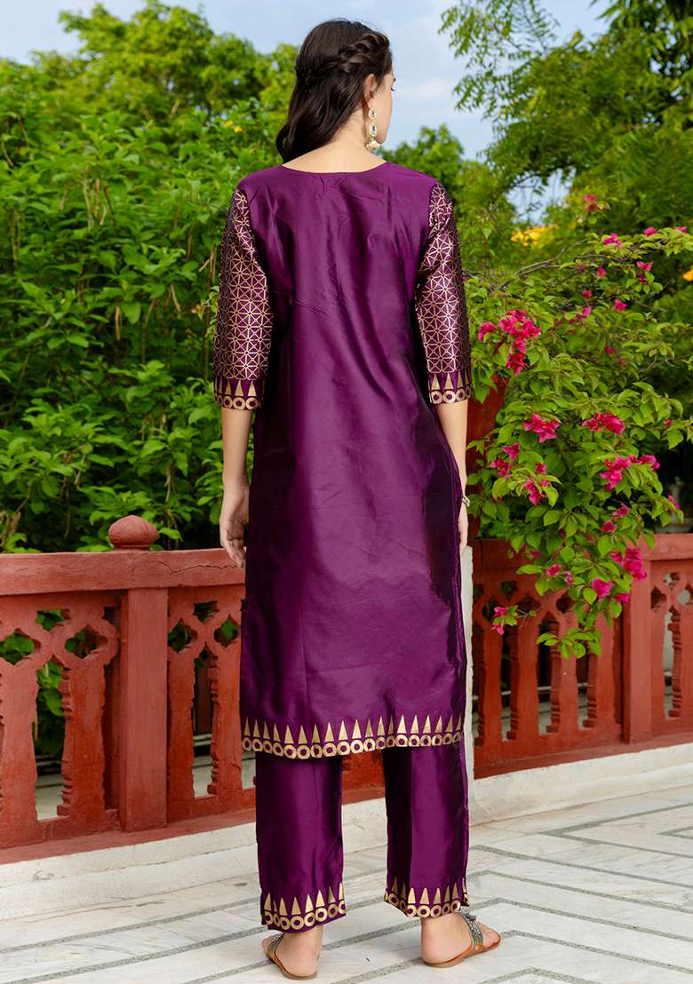 Purple Embroidered Silk Blend Straight Kurta Set - Indya