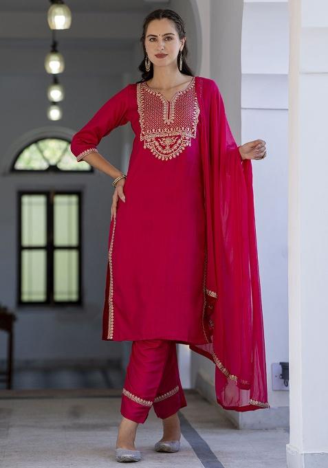 Pink Motif Silk Kurta Set