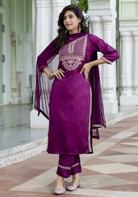 Purple Embroidered Silk Straight Kurta Set