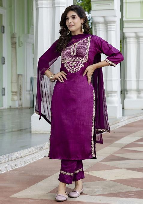 Purple Motif Silk Kurta Set