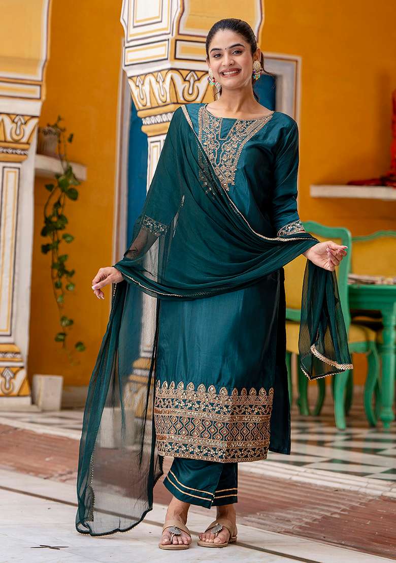 Teal Green Embroidered Silk Blend Straight Kurta Set - Indya