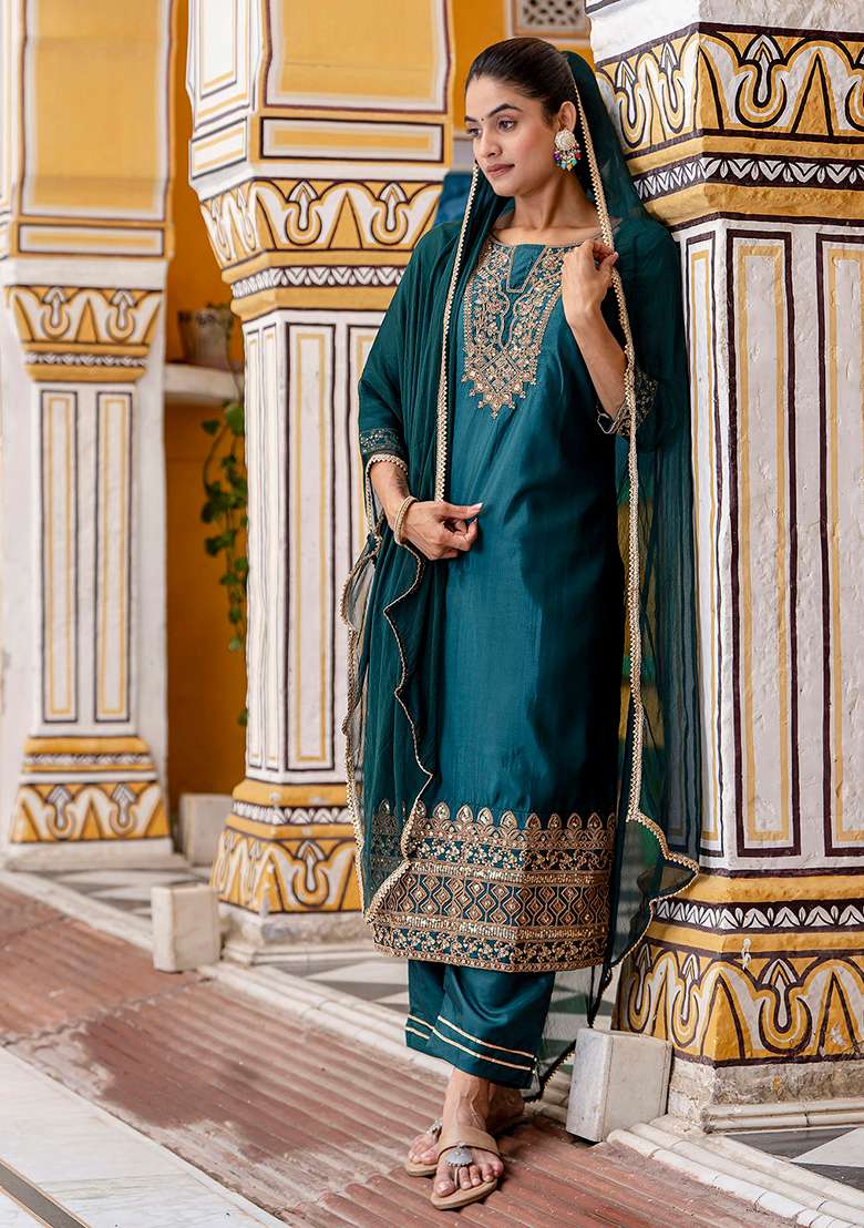 Teal Green Embroidered Silk Blend Straight Kurta Set - Indya