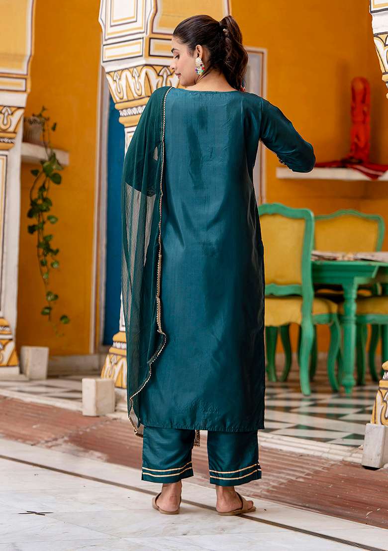 Teal Green Embroidered Silk Blend Straight Kurta Set - Indya