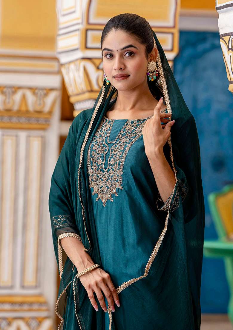 Teal Green Embroidered Silk Blend Straight Kurta Set - Indya