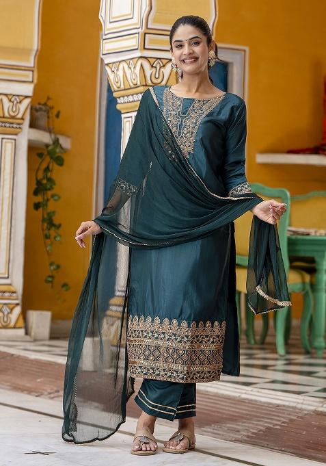 Teal Green Motif Silk Kurta Set