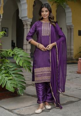 Purple Embroidered Silk Straight Kurta Set