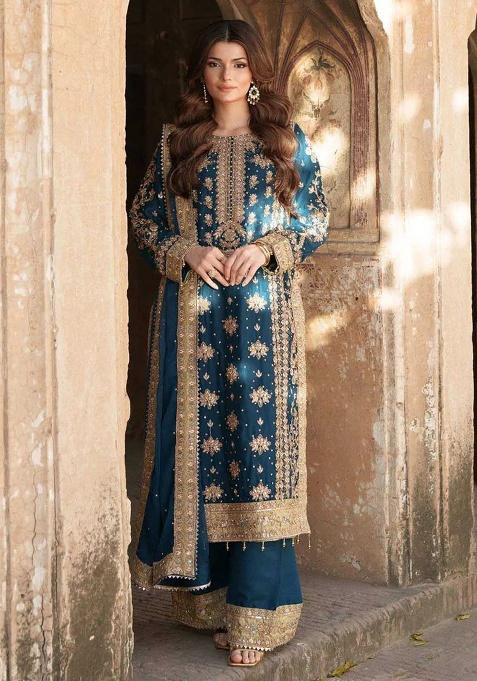 Teal Motif Georgette Kurta Set